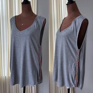 Sloane Rouge Gray Beaded Trim Distressed Muscle Tank Top Boho Artsy Fairy Medium